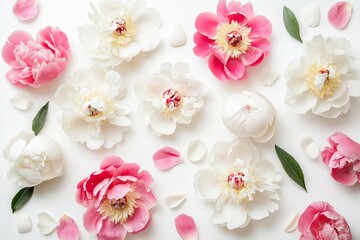 Flat lay of white pink and cream peonies with scattered petals on plain white background, delicate floral arrangement in soft romantic style