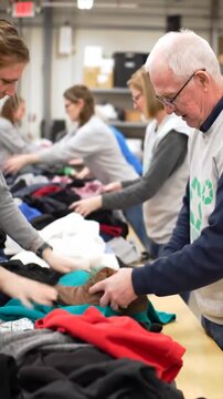 Volunteers sorting through donated clothes at a community charity center.