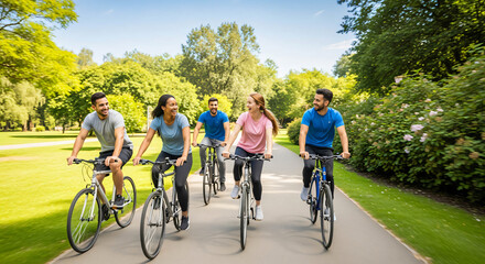 Fototapeta premium Group Bike Ride: Friends Enjoying Leisurely Cycling in Park