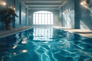 Obraz premium Bright indoor pool with reflections and large window