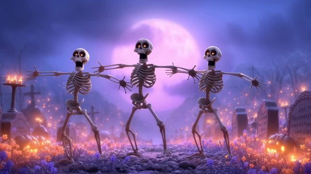 Dancing skeleton trio video against purple moonlit cityscape. Spooky Halloween animation with glowing flames. Eerie celebration concept for horror movie or game background.
