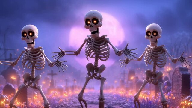 Dancing skeleton trio celebrating Day of the Dead. Halloween animation with spooky skeletons in purple night. Festive Mexican holiday concept for greeting card