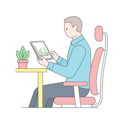 Man in light blue shirt analyzing data on tablet.