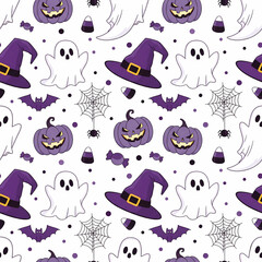 Seamless Halloween pattern with cute purple pumpkins, ghosts, witch hats, bats, candy, spider webs, and polka dots on white background, perfect for spooky wrapping paper