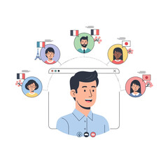 Virtual online video conference call with diverse international participants.