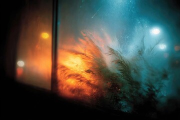 Fototapeta premium Night scene through a misty window, vibrant colors, windswept plant