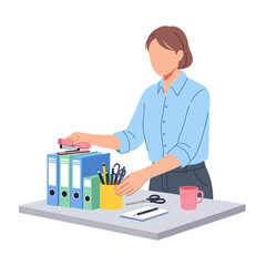 Faceless female office worker in a blue shirt stapling documents on binders at her desk.