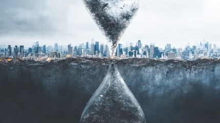 A giant hourglass with sand made of melting glaciers, inside the glass, miniature cities slowly being submerged as time runs out, symbolic climate countdown, surreal concept, dramatic lighting, high 