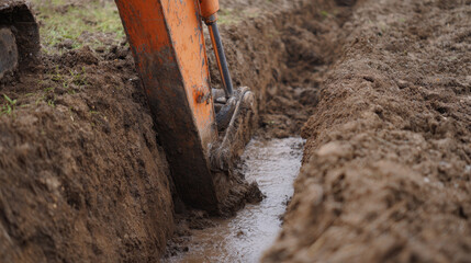 Fototapeta premium Excavator digging muddy trench for foundation work