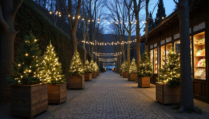 Obraz premium Row of wooden planters with Christmas trees and warm lights create festive evening atmosphere