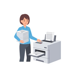 Smiling woman in blue shirt operating a grey office printer holding a stack of documents.