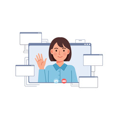 Friendly cartoon woman with short brown hair waving from a video conference call window.