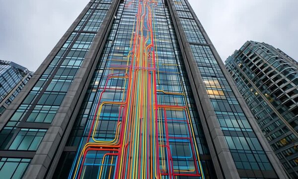 A towering skyscraper with a vibrant, colorful mural of connected lines ascends its fa?ade
