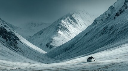 Snowy mountain pass, lone cabin