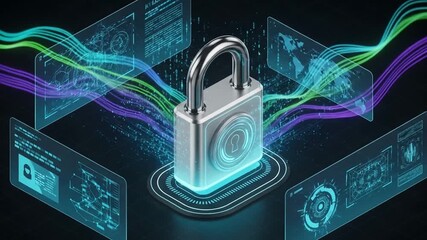 Cybersecurity padlock with digital data and flowing light trails - Powered by Adobe