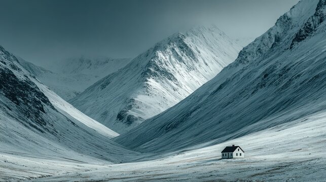 Snowy mountain pass, lone cabin