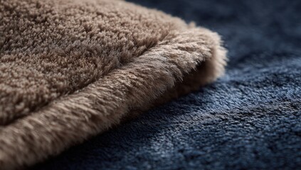 Close-up of two plush fabrics, a light taupe and a deep navy.  A fuzzy edge of the taupe fabric is prominent