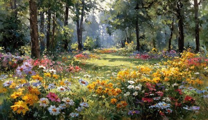 A sunlit forest glade filled with wildflowers