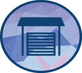 Garage icon inside a blue circle. Perfect for real estate, property management, parking, storage, car service, housing, and construction design projects
