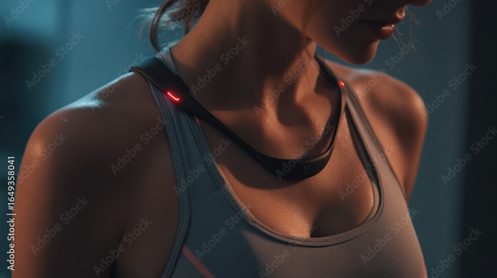 Aufkleber zoomed medium shot of a dynamic heart rate monitor strap in use highlighting its contours and light 