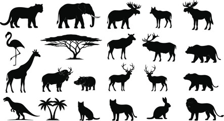 Wild animal silhouette vector set with forest, jungle, and safari animals