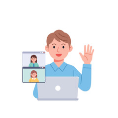 Friendly cartoon man in a blue collared shirt waving during a video conference call on a laptop.
