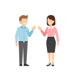 Friendly cartoon business man and woman in office attire waving and smiling at each other.