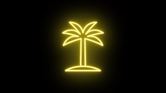 Neon palm tree icon animation, color flicker. Glowing neon palm icon, looped color blink animation. Coconut palm tree, exotic island, tropical oasis and paradise, Hawaii summer vacation. 4 colors