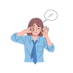 Tired Cartoon Person Rubbing Eyes Wearing Blue Shirt and Tie with zzz Thought Bubble.