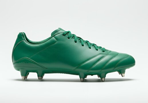 Dark green leather football boots with metal studs side profile, professional soccer cleats for soft ground conditions studio photography