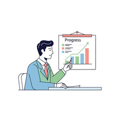 Businessman in a colorful suit sitting at a desk and presenting a progress chart with a rising arrow.