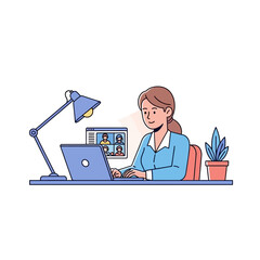 Woman in Blue Jacket Attending Video Conference on Laptop at Desk.