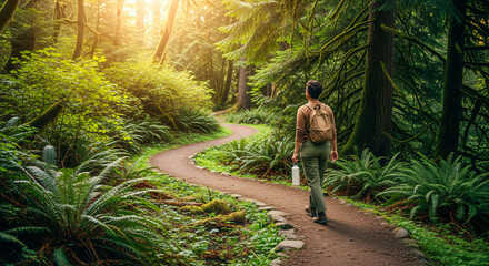 Fototapeta premium Serene Forest Path: Solo Hiker Amidst Lush Greenery