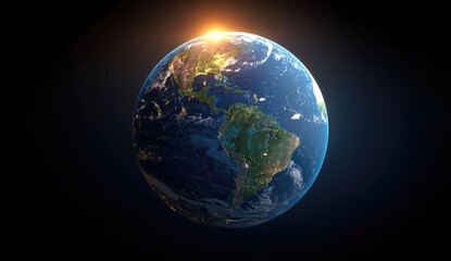 Earth, a detailed sphere, showing continents and oceans.  Sunlight shines from above