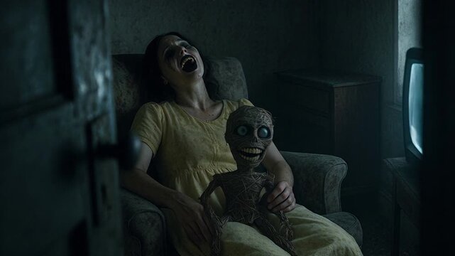A possessed woman with a crazed expression clutches a sinister ventriloquist dummy with glowing eyes. Lit only by a retro television in a dark room.