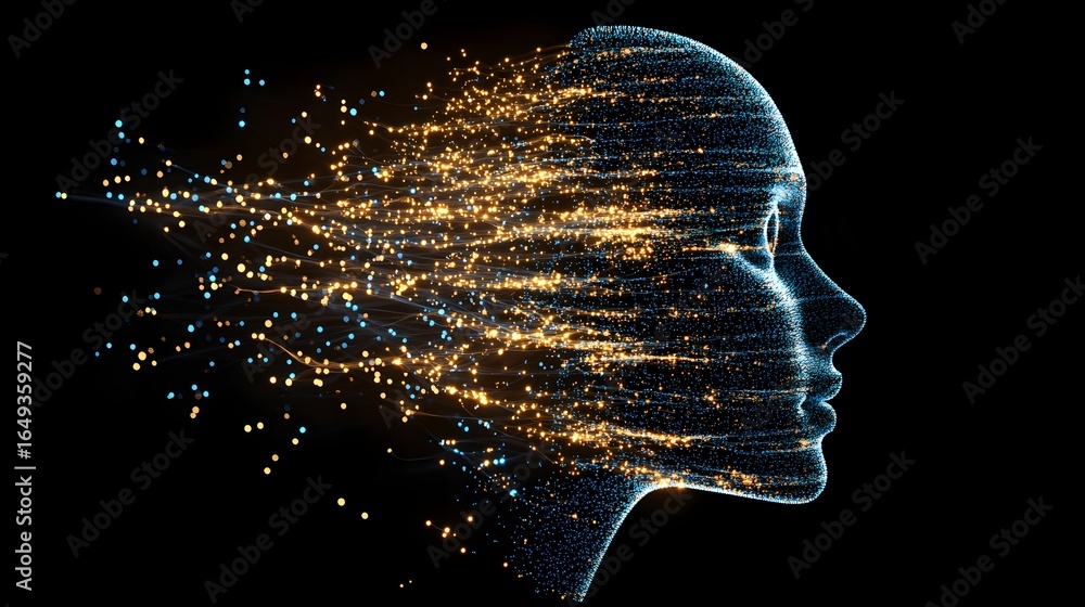 Poster digital portrait of human face with sparkling data particles effect