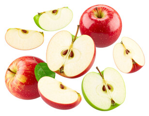  Red and Green Apples in Dynamic Toss with Sliced Halves, Transparent PNG
