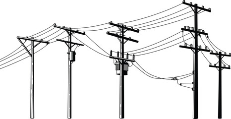 High voltage power lines, utility poles, electrical infrastructure, energy transmission network, black and white industrial vector drawing, detailed engineering design, electricity distribution system