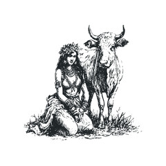 Woman wearing floral crown and necklaces with bull in grassy field