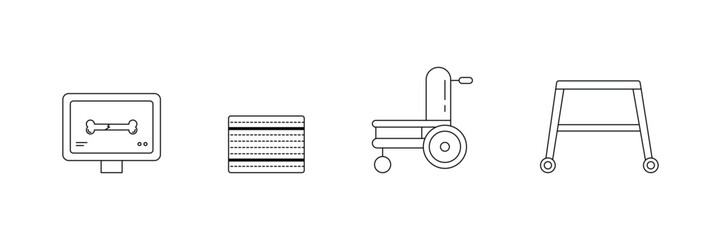 Bone fracture, medical bandage, wheelchair, mobility walker icon vector illustration set in outline healthcare equipment concept style.