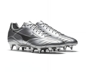 Metallic silver football boots with molded studs for soft ground play, professional soccer cleats product photography on white background