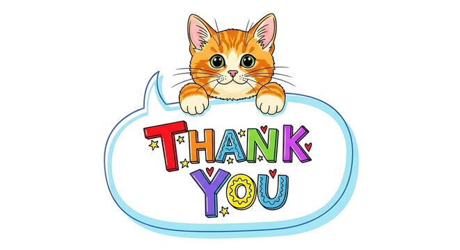 Adorable Cartoon Orange Tabby Kitten Peeking Over a Colorful 'Thank You' Speech Bubble, Expressing Gratitude with Playful Text and Cute Feline Char...