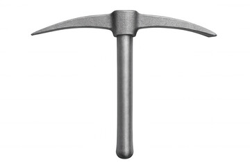 Metal pickaxe mining tool standing isolated on transparent surface, showcasing robust design and sharp cutting edges