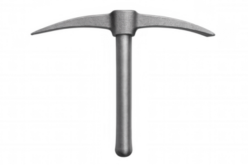 Metal pickaxe mining tool standing isolated on transparent surface, showcasing robust design and sharp cutting edges