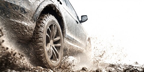 A close-up of a racing car's wheel kicking up dirt as it speeds around a curve