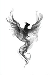 Obraz premium Smoked ink-style phoenix rising with ethereal smoke-like plumes against a white backdrop