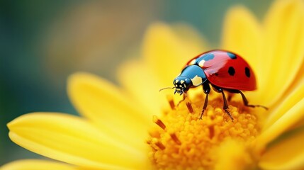 Vibrant ladybug resting on a bright yellow flower.