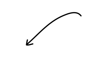 Black hand-drawn curved arrow pointing downward left on transparent background for presentation highlights, infographic elements, posters, and creative graphic design accents