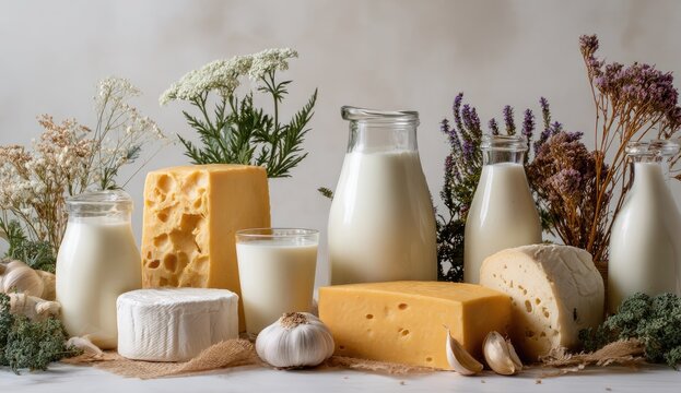 Dairy products arranged with herbs