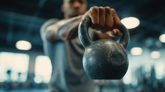Muscular athlete engaging in an intense workout session while lifting a heavy kettlebell in a modern gym, showcasing impressive strength and power through focused training